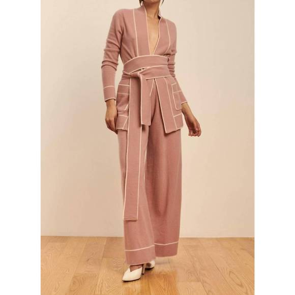 NEW MADELEINE THOMPSON diableret belted cashmere cardigan in dusty pink/cream - Picture 1 of 2
